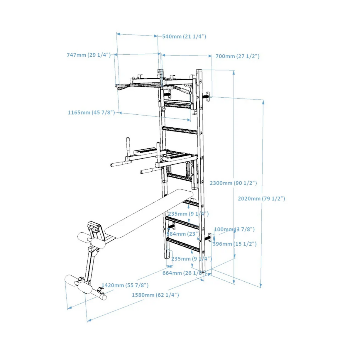 Dimensions of BenchK 233 Wall Bars and Gymnastic Ladders.