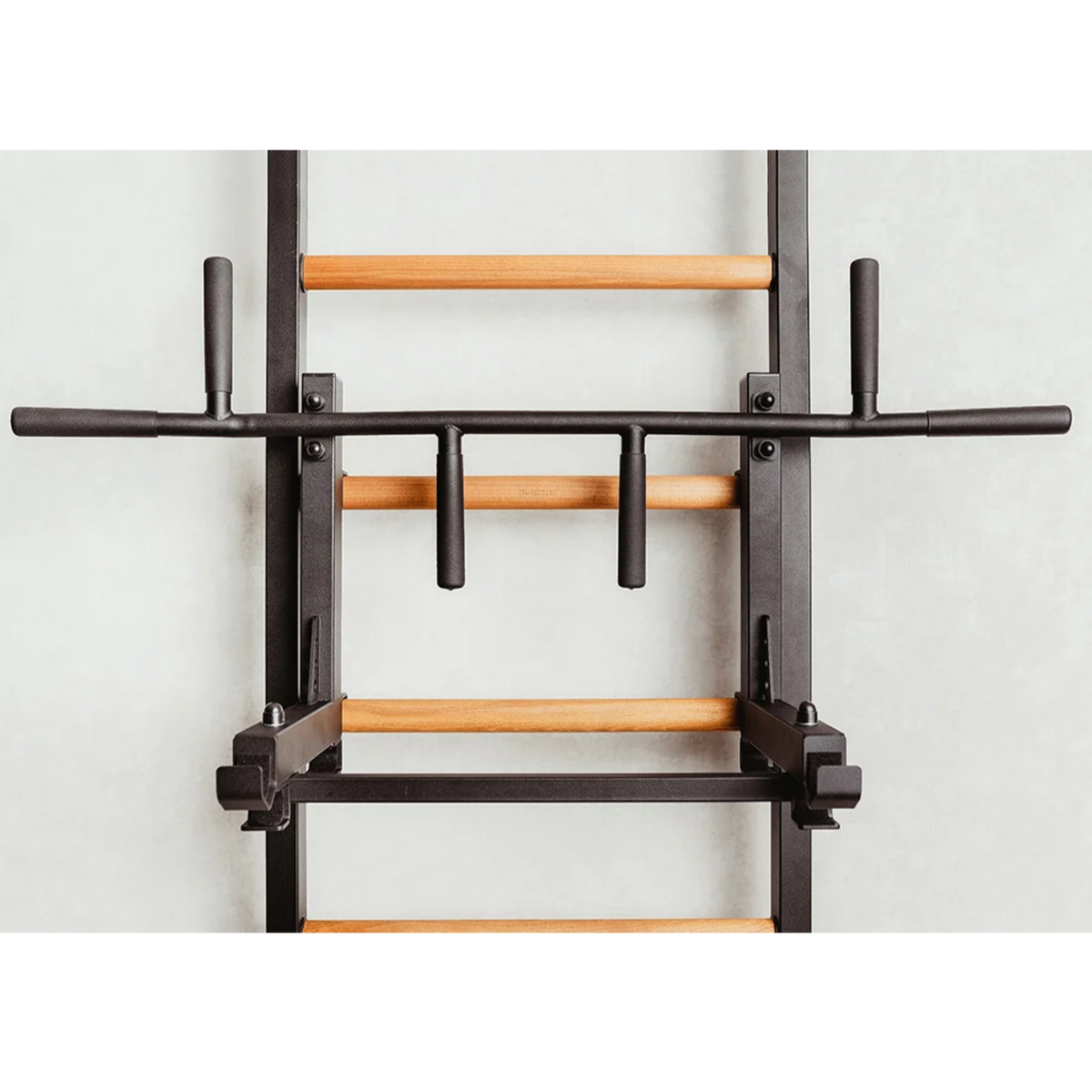 Close-up view of pull-up bar with barbell holder of BenchK 233 Wall Bars and Gymnastic Ladders black version.