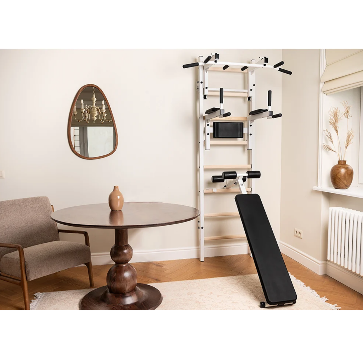 BenchK 233 Wall Bars and Gymnastic Ladders white version in a living room.