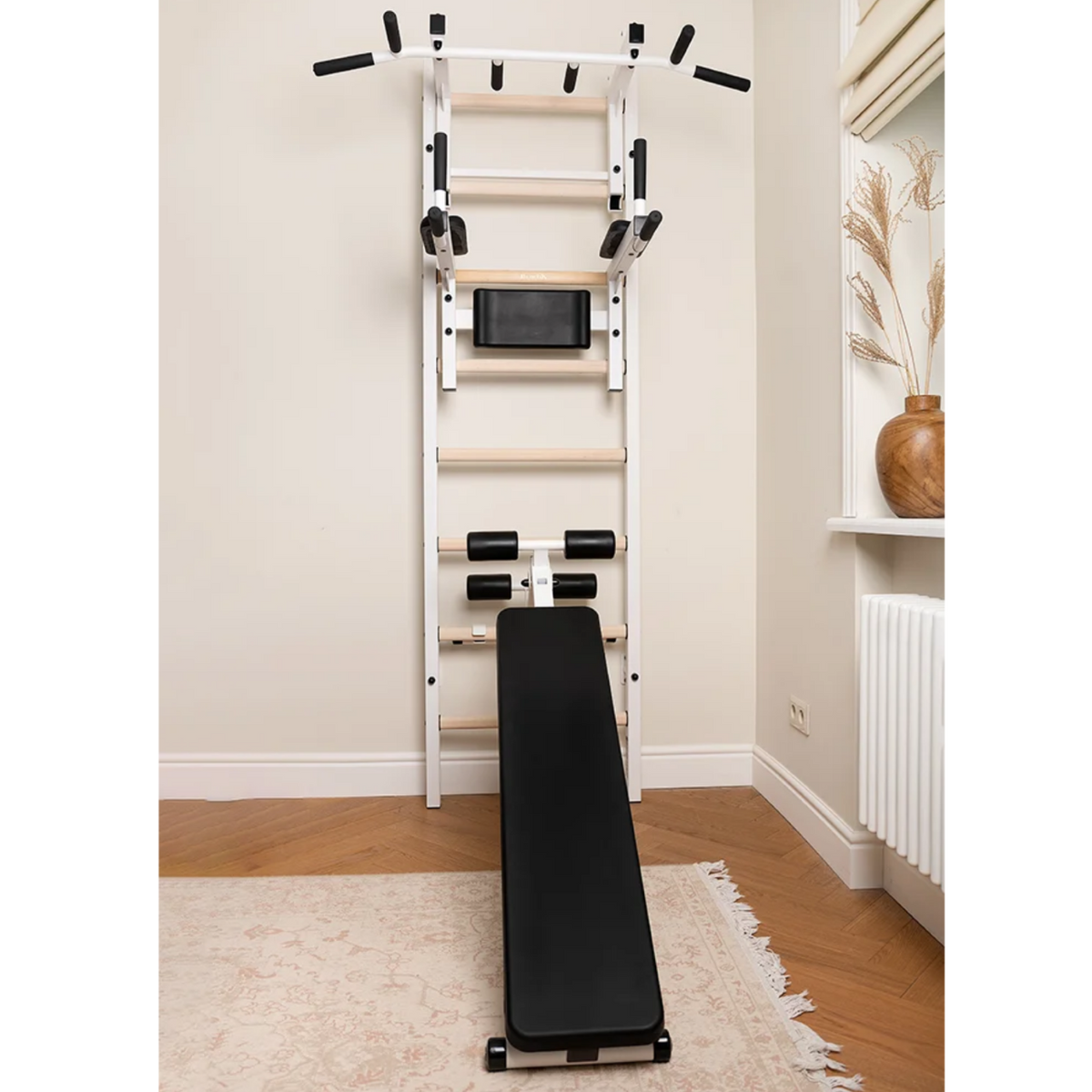 BenchK 233 Wall Bars and Gymnastic Ladders white version in a living room.