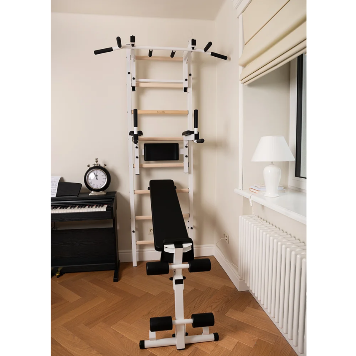 BenchK 233 Wall Bars and Gymnastic Ladders white version in a living room.