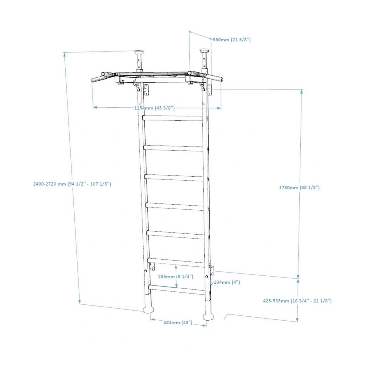 Dimensions of BenchK 521 Wall Bars and Gymnastic Ladders white version.