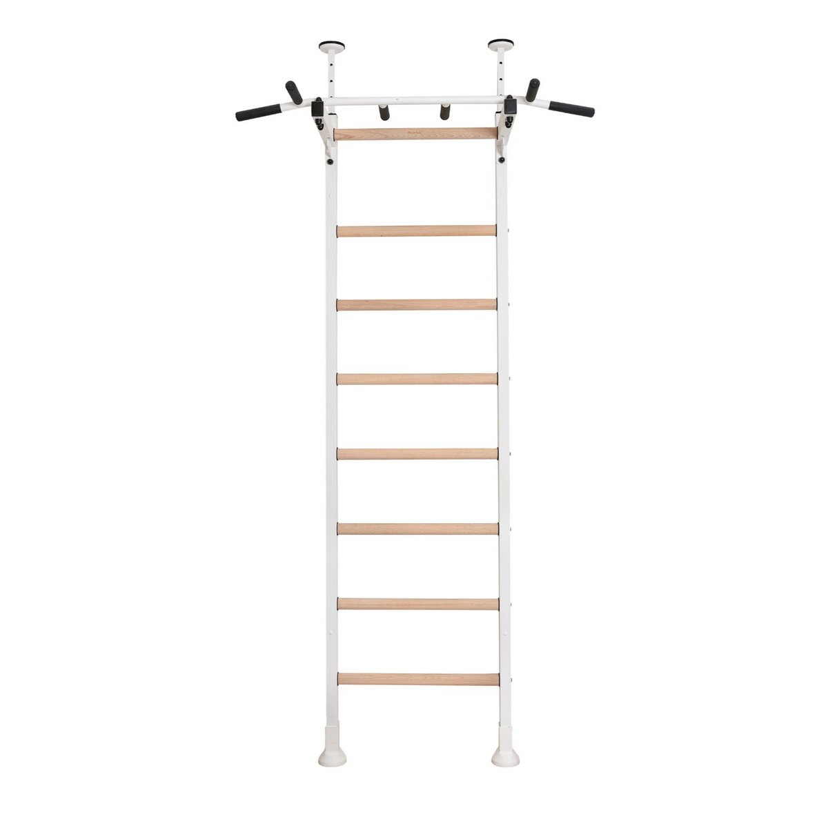 Front view of BenchK 521 Wall Bars and Gymnastic Ladders white version with pull-up bar. 