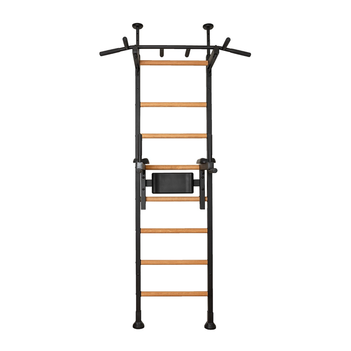 Front view of BenchK 522 Wall Bars and Gymnastic Ladders black version with pull-up bar and dip bar with back support.