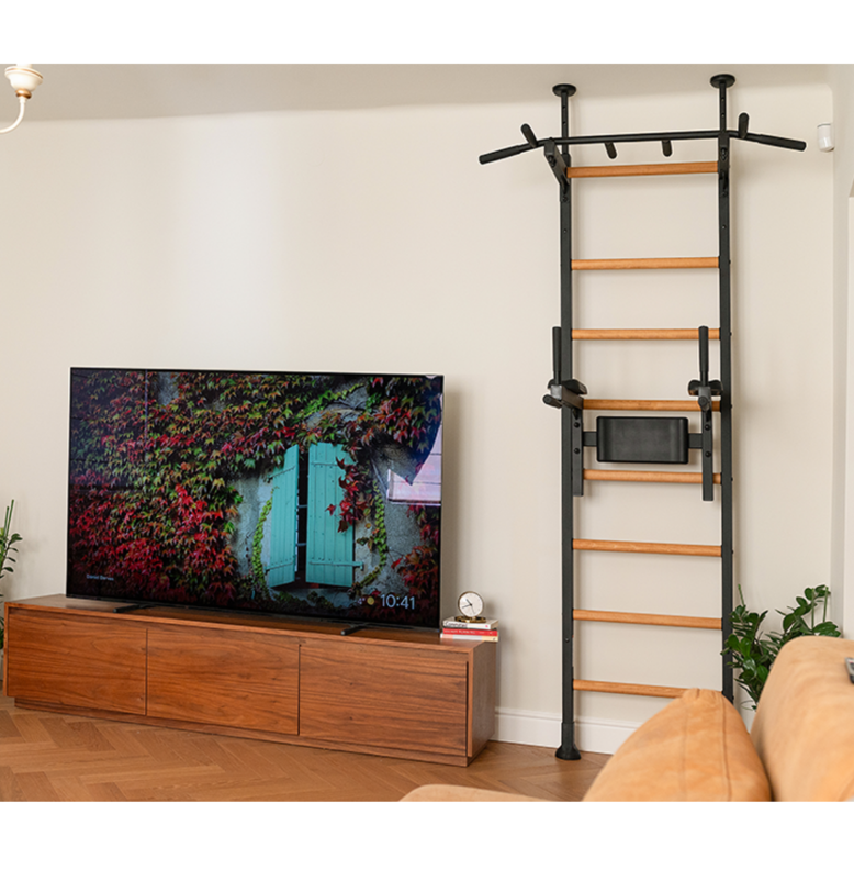 BenchK 522 Wall Bars and Gymnastic Ladders black version with pull-up bar and dip bar with back support and armrest installed in a living room.