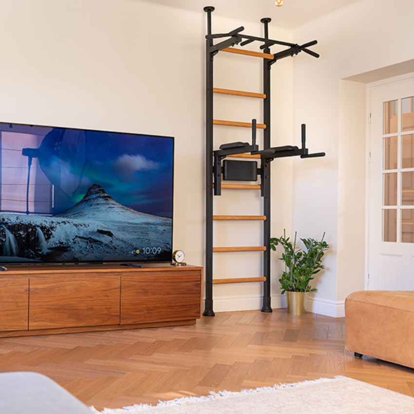 BenchK 522 Wall Bars and Gymnastic Ladders black version with pull-up bar and dip bar with back support and armrest installed in a living room.