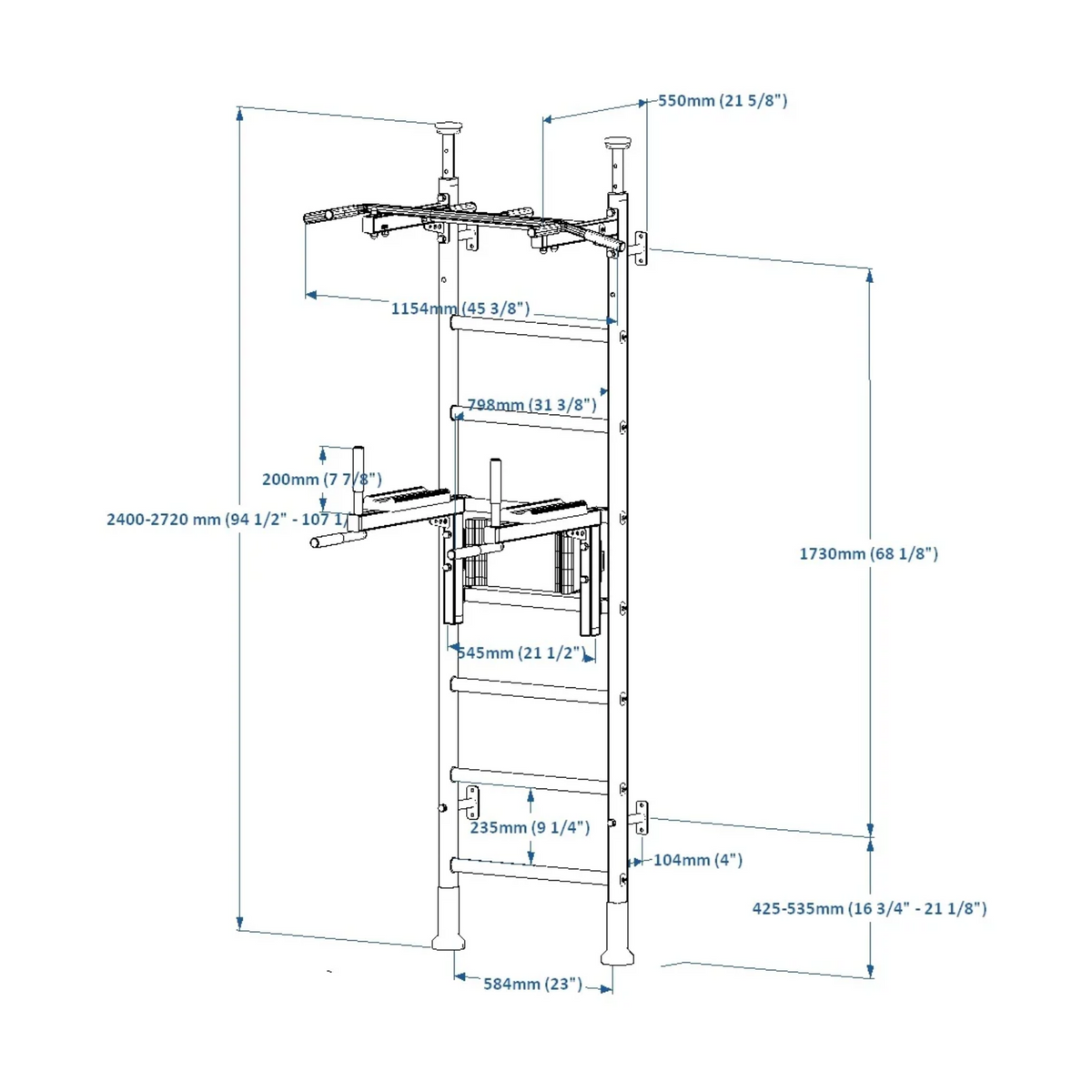 Dimensions of BenchK 522 Wall Bars and Gymnastic Ladders white version.