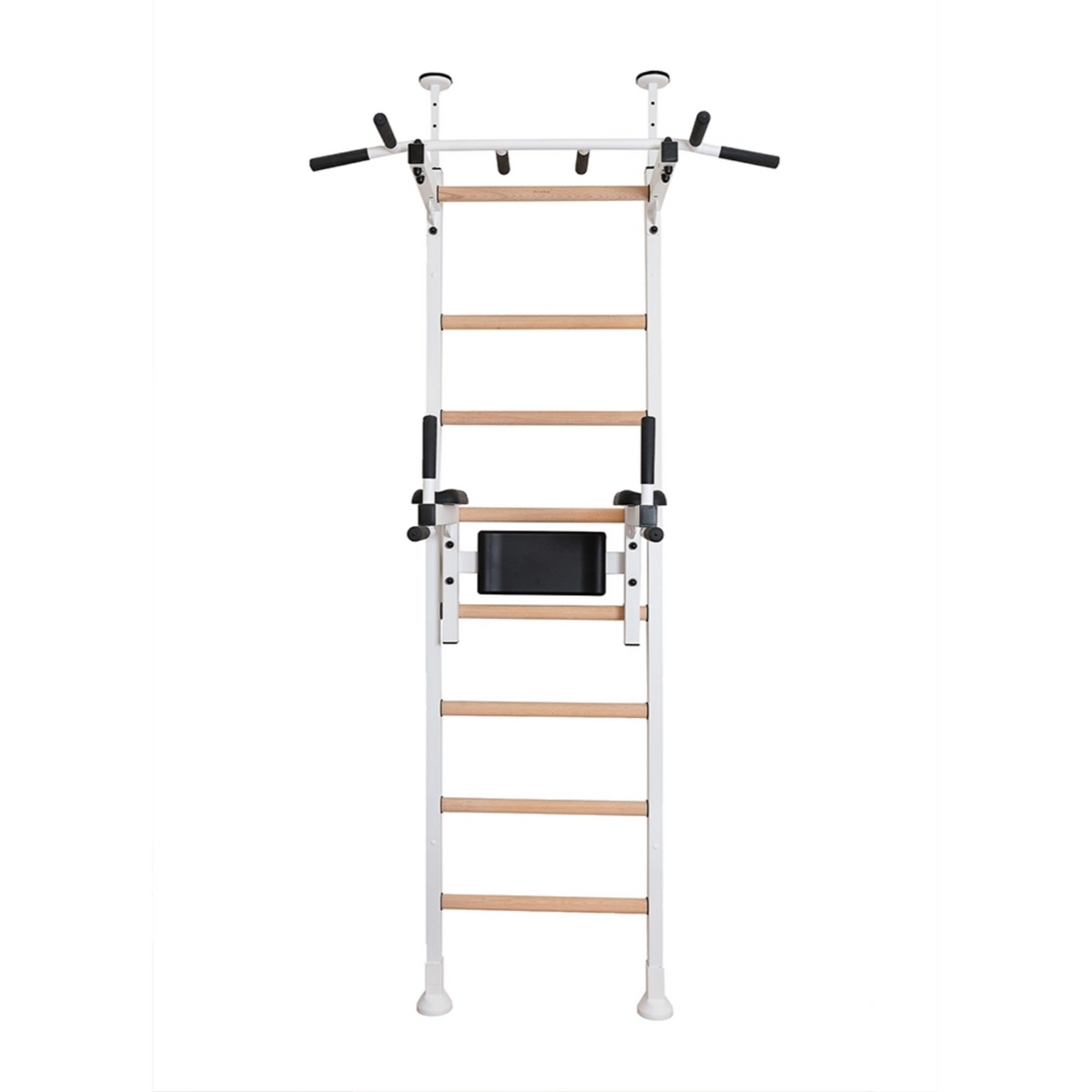 Front view of BenchK 522 Wall Bars and Gymnastic Ladders white version with pull-up bar and dip bar.