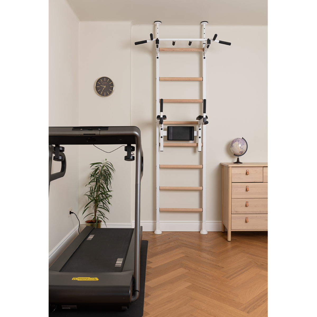 BenchK 522 Wall Bars and Gymnastic Ladders white version installed in a home gym.