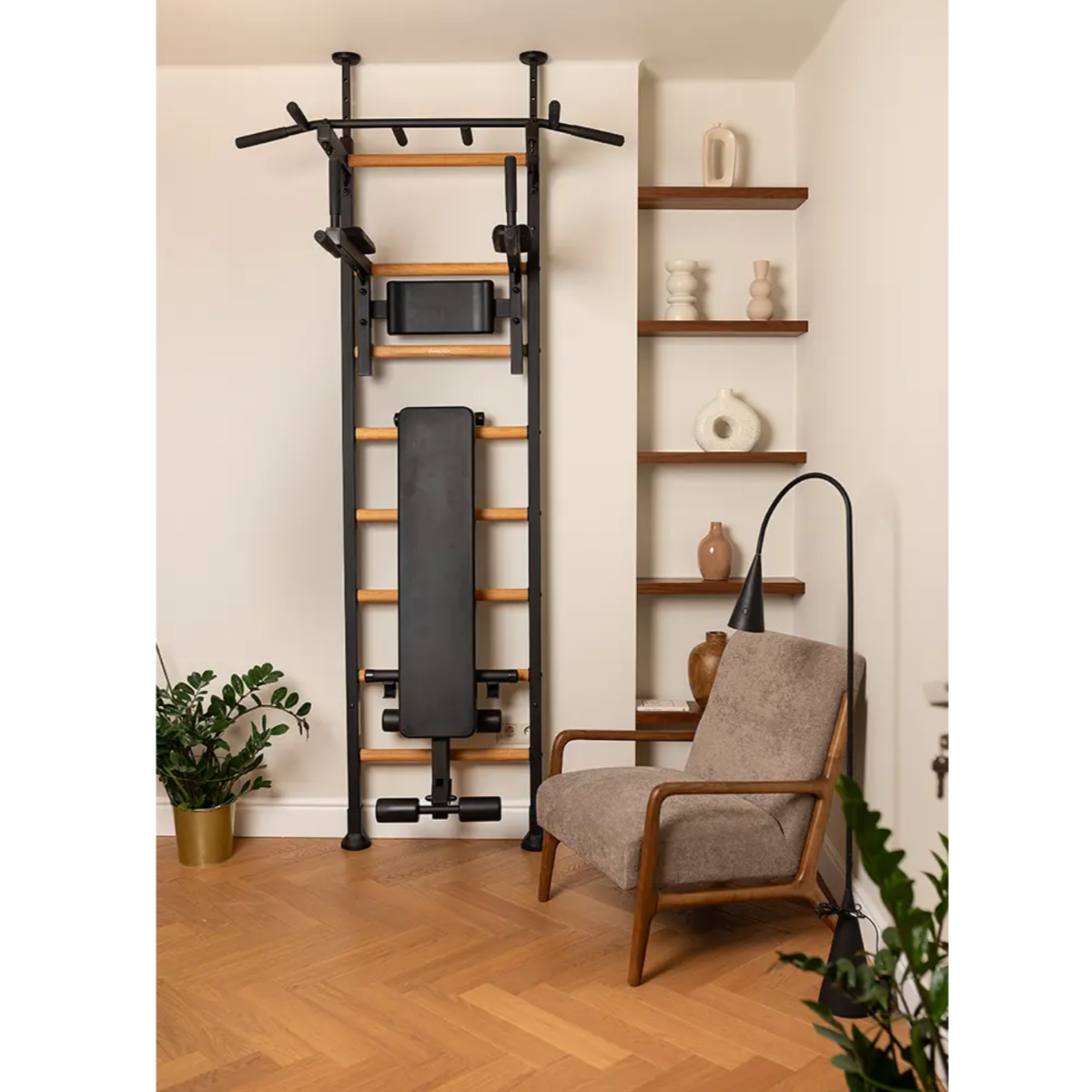 BenchK 523 Wall Bars and Gymnastic Ladders black version installed in a living room.