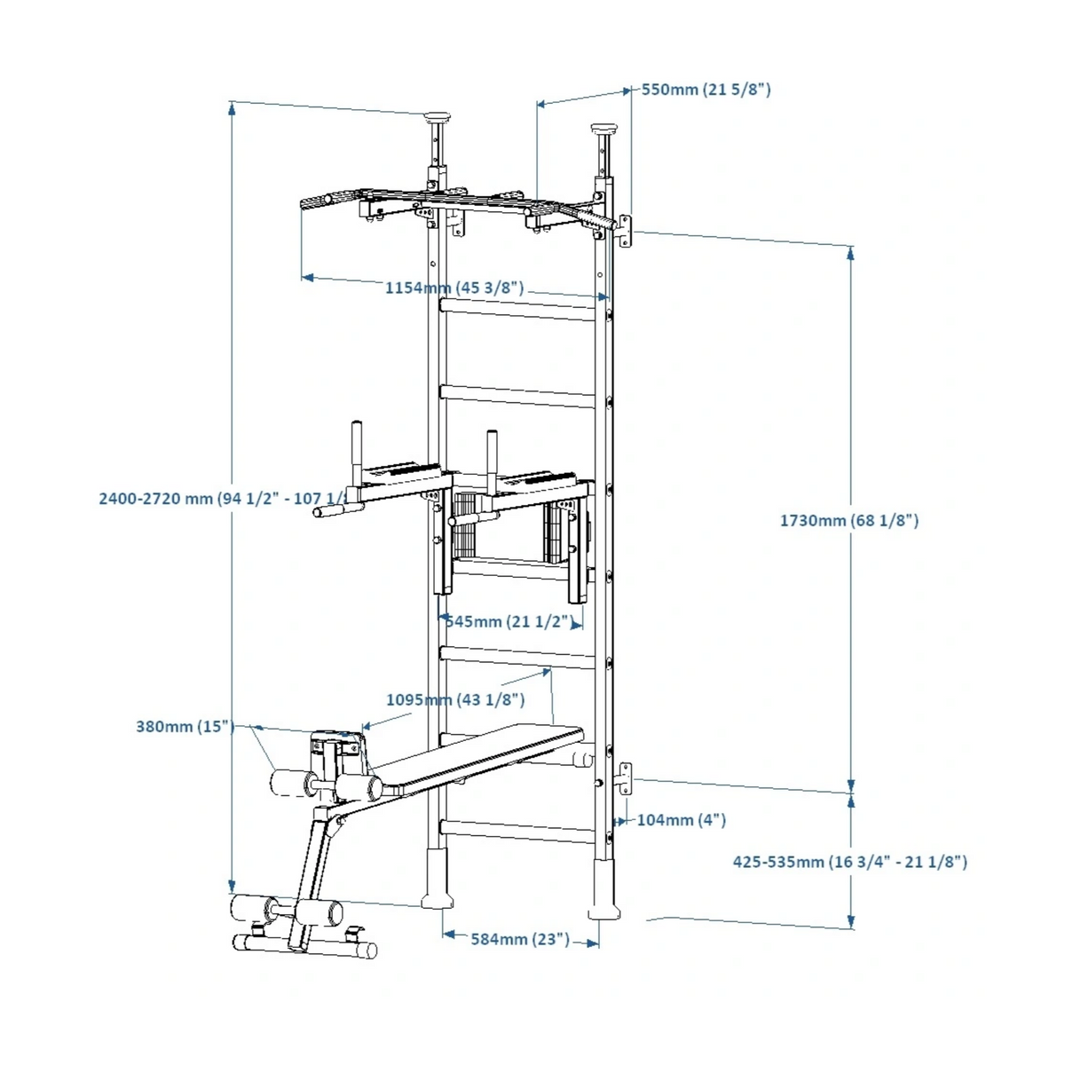 Dimensions of BenchK 523 Wall Bars and Gymnastic Ladders black version.