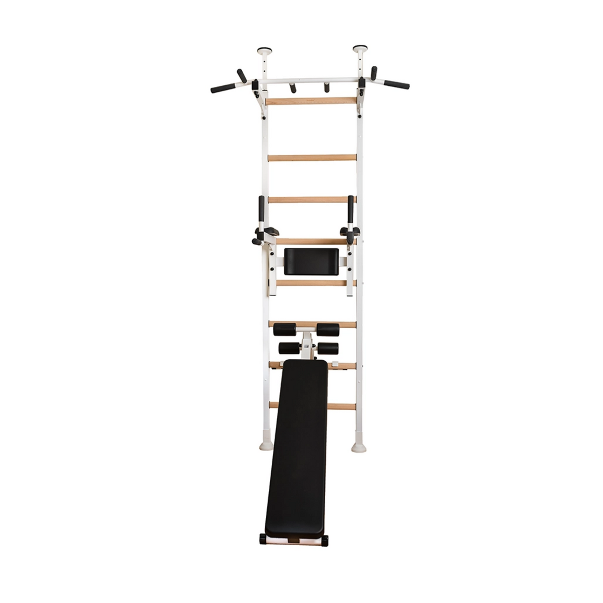 Front view of BenchK 523 Wall Bars and Gymnastic Ladders white version with workout bench extended.