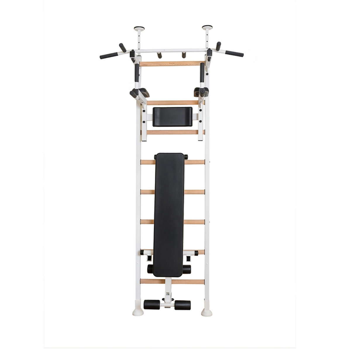 Front view of BenchK 523 Wall Bars and Gymnastic Ladders white version with pull-up bar, dip bar with back rest, and workout bench.