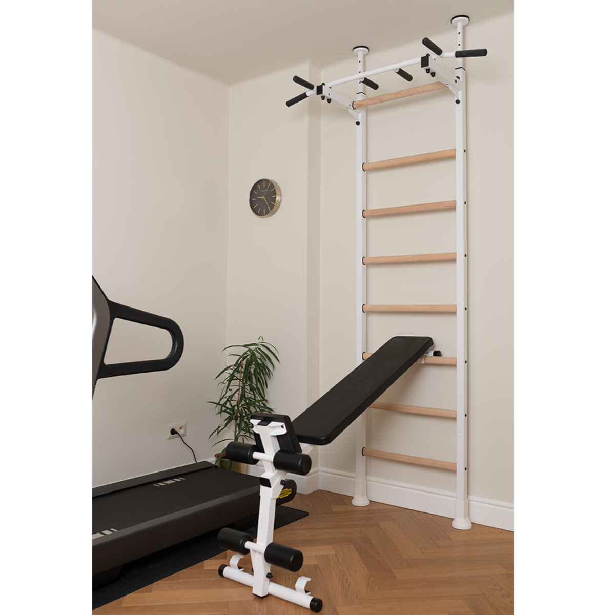 BenchK 523 Wall Bars and Gymnastic Ladders white version installed in a yoga studio.