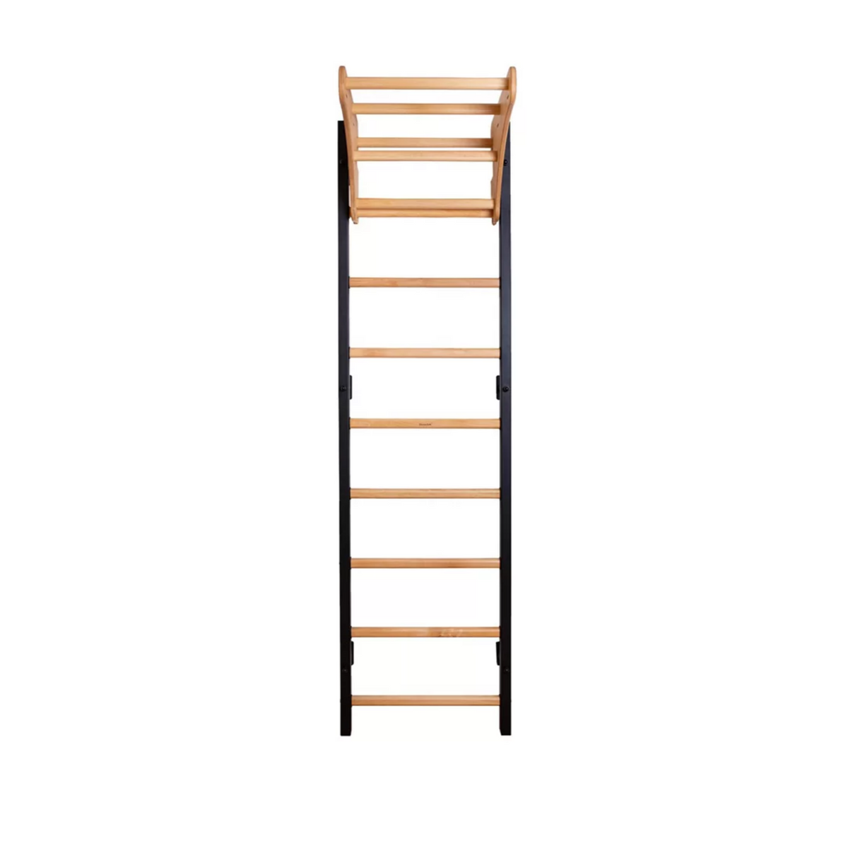 Front view of BenchK 711 Wall Bars and Gymnastic Ladders with wooden pull-up bar black version.