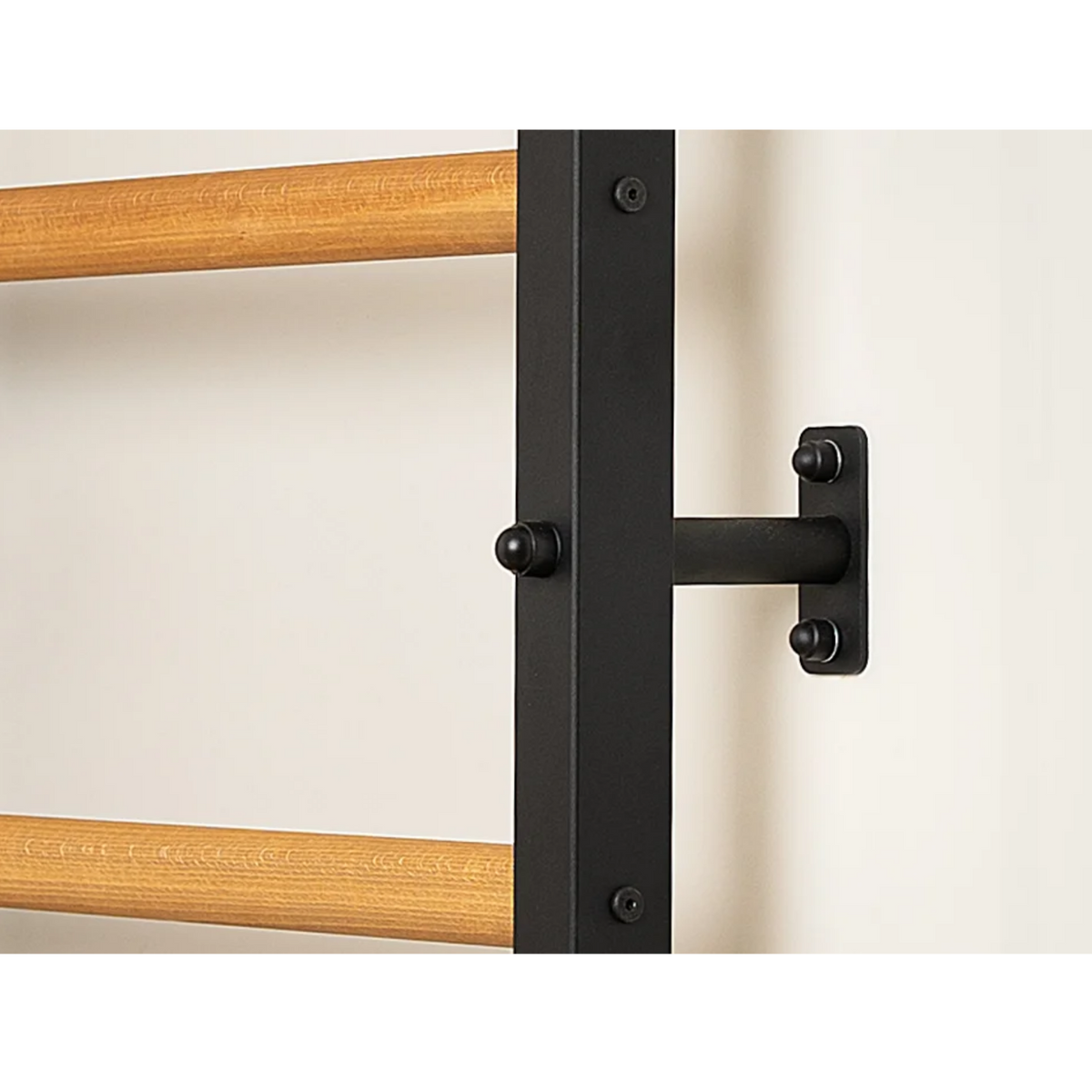 Wooden bars close-up view of BenchK 711 Wall Bars and Gymnastic Ladders with wooden pull-up bar black version.