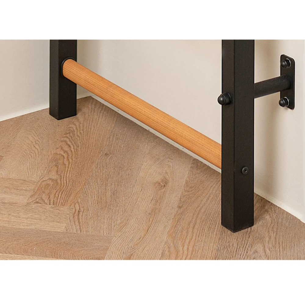 Details of wooden bars from BenchK 711 Wall Bars and Gymnastic Ladders with wooden pull-up bar black version.