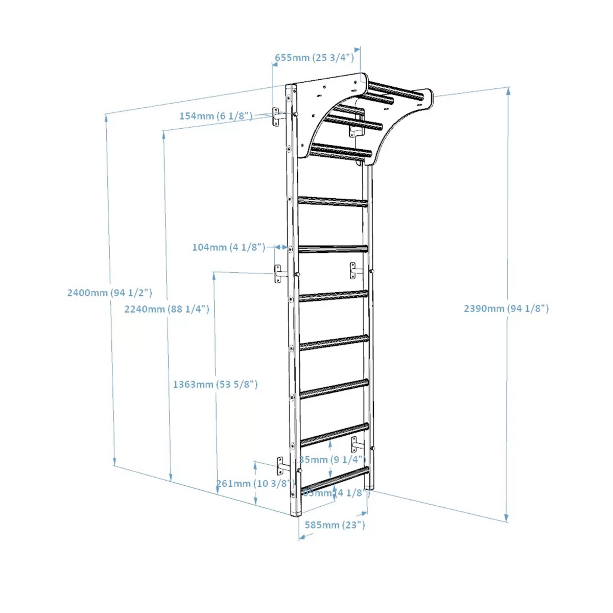 Dimensions of BenchK 711 Wall Bars and Gymnastic Ladders with wooden pull-up bar white version.