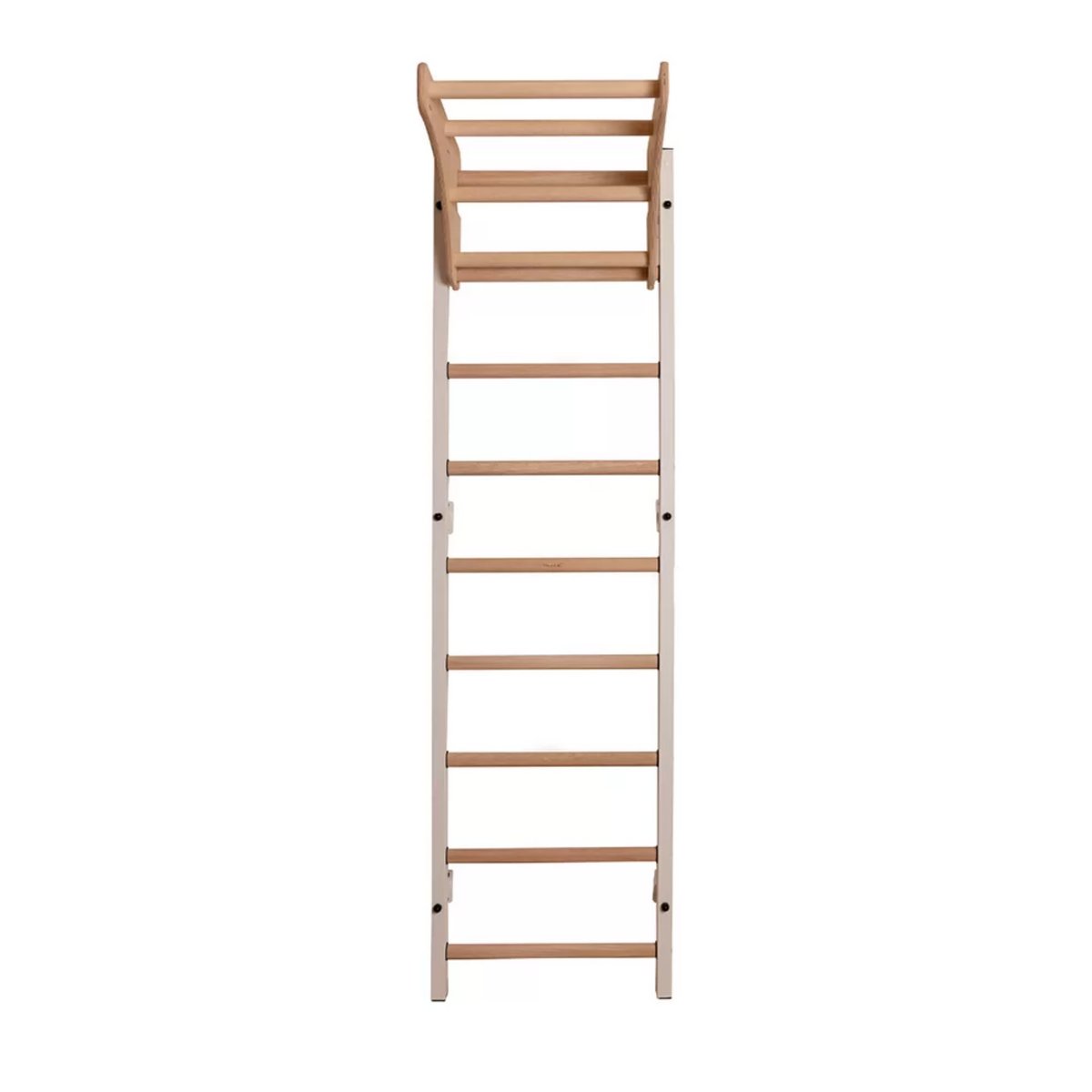 Front view of BenchK 711 Wall Bars and Gymnastic Ladders with wooden pull-up bar white version.