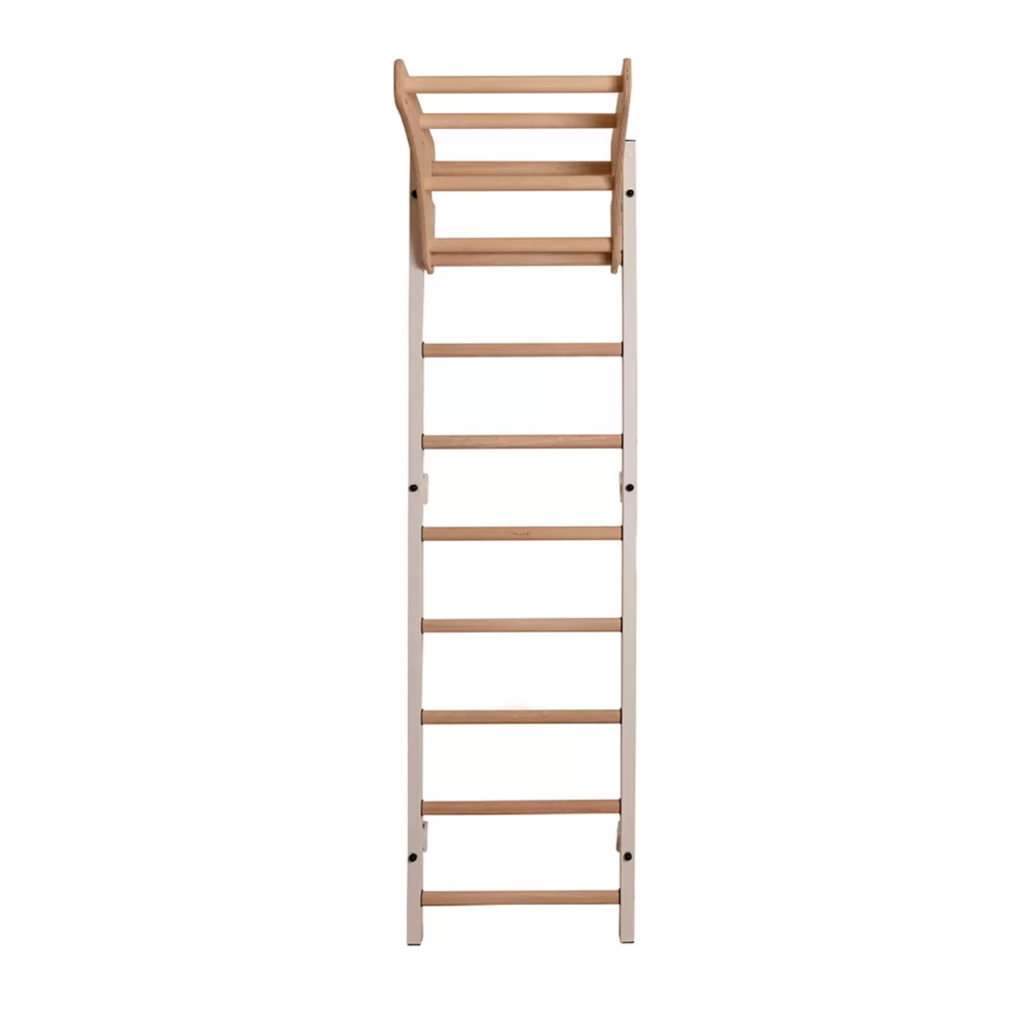 Front view of BenchK 711 Wall Bars and Gymnastic Ladders with wooden pull-up bar white version.