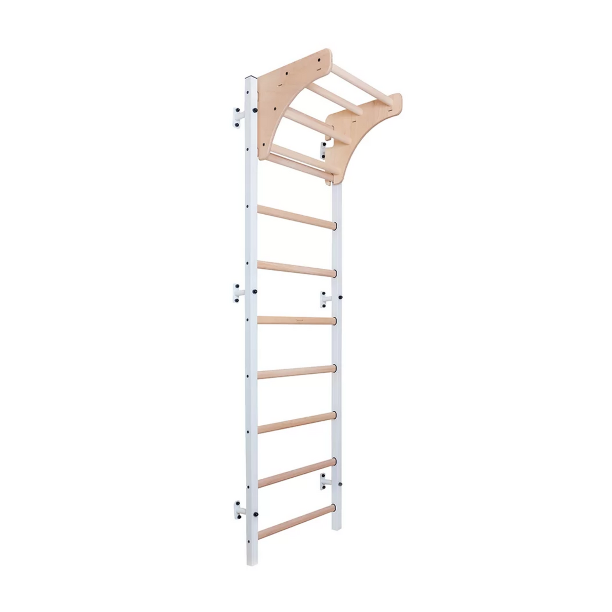 Side view of BenchK 711 Wall Bars and Gymnastic Ladders with wooden pull-up bar white version.