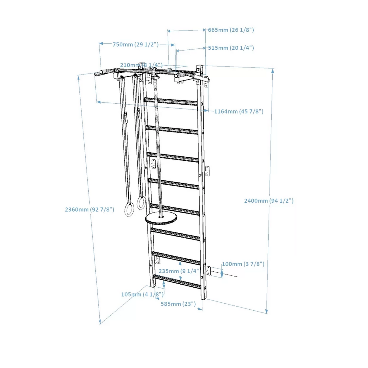 Dimensions of BenchK 721 Wall Bars + A076/A204 Gymnastic Accessories white version.