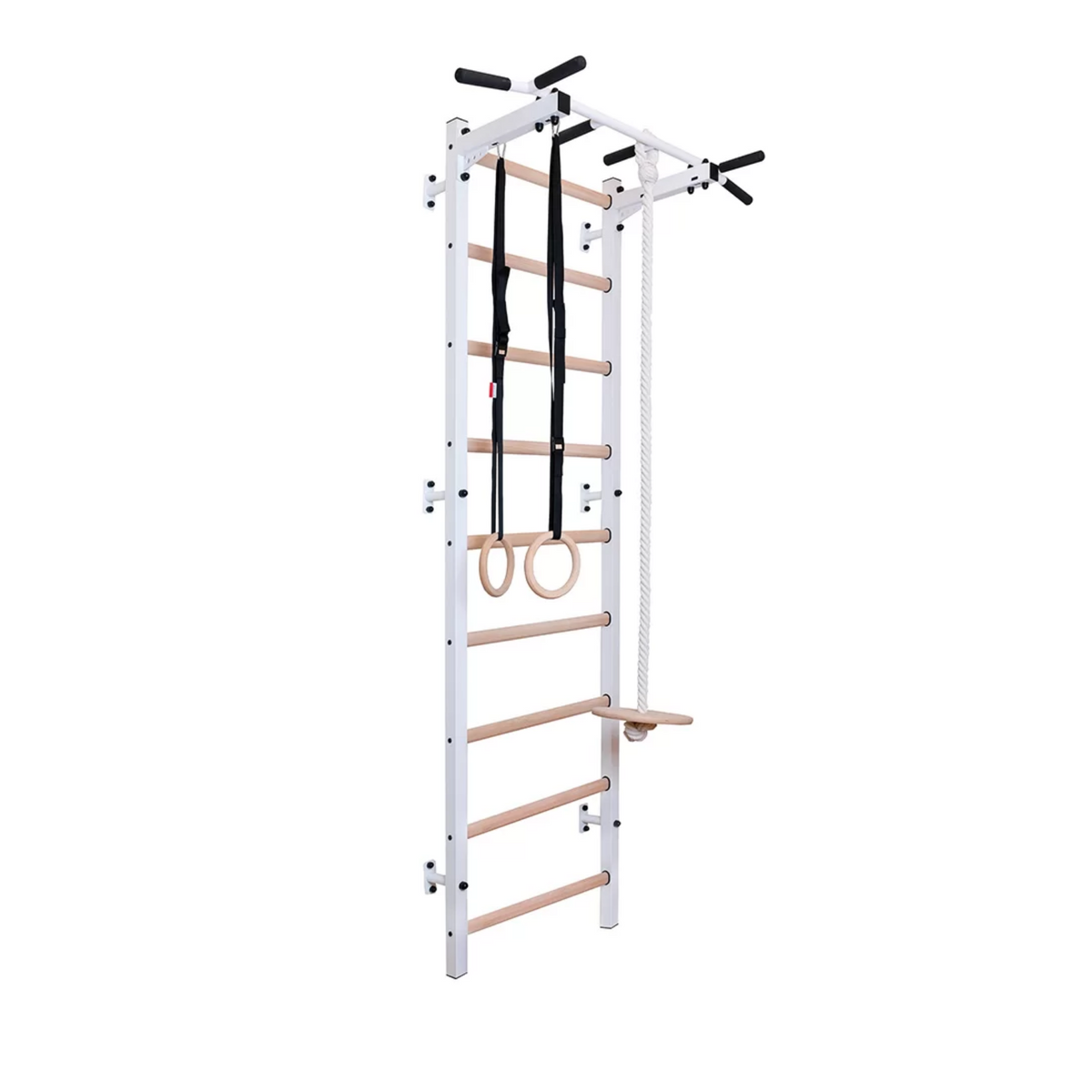 Main view of BenchK 721 Wall Bars + A076/A204 Gymnastic Accessories white version. 