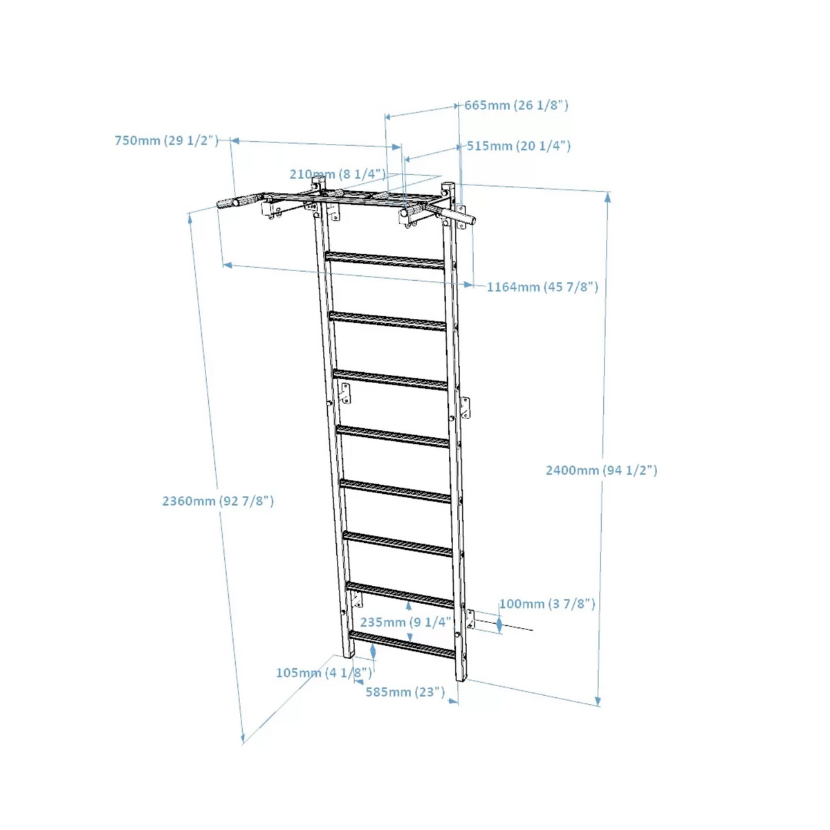 Dimensions of BenchK 721 Wall Bars and Gymnastic Ladders with pull-up bar black version.