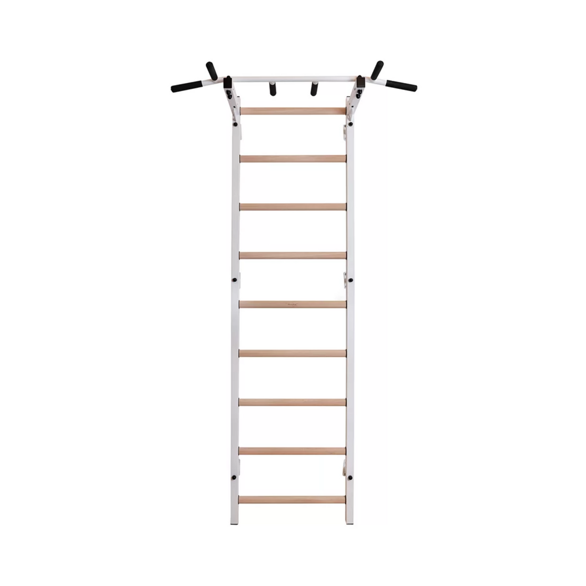 Front view of BenchK 721 Wall Bars and Gymnastic Ladder with pull-up bar white version.