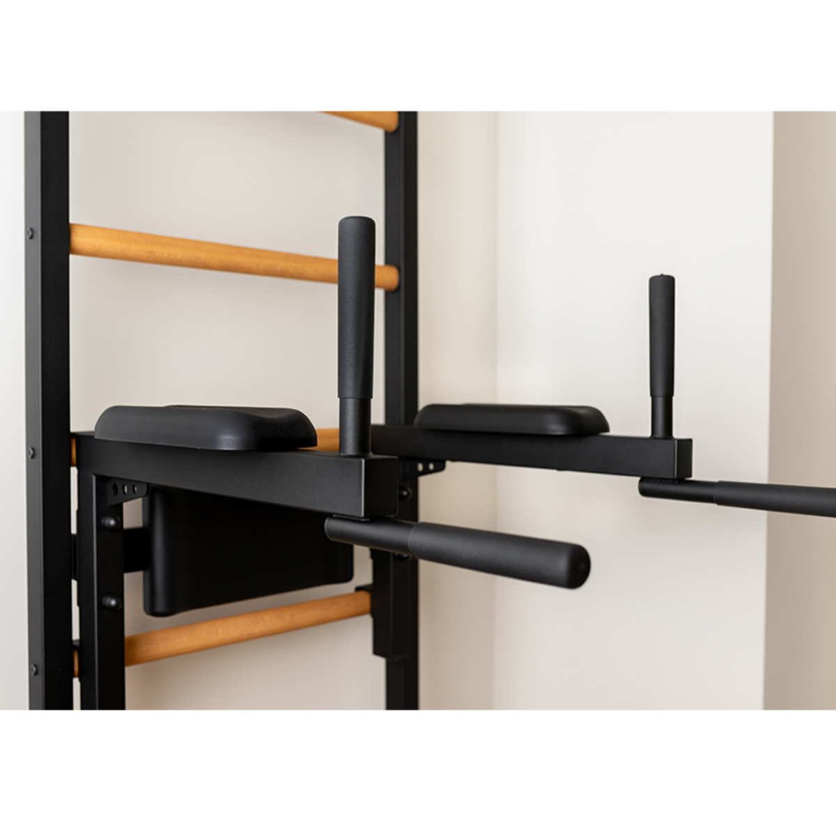 Dip bar with back support and armrest of BenchK 722 Wall Bars and Gymnastic Ladders black version.