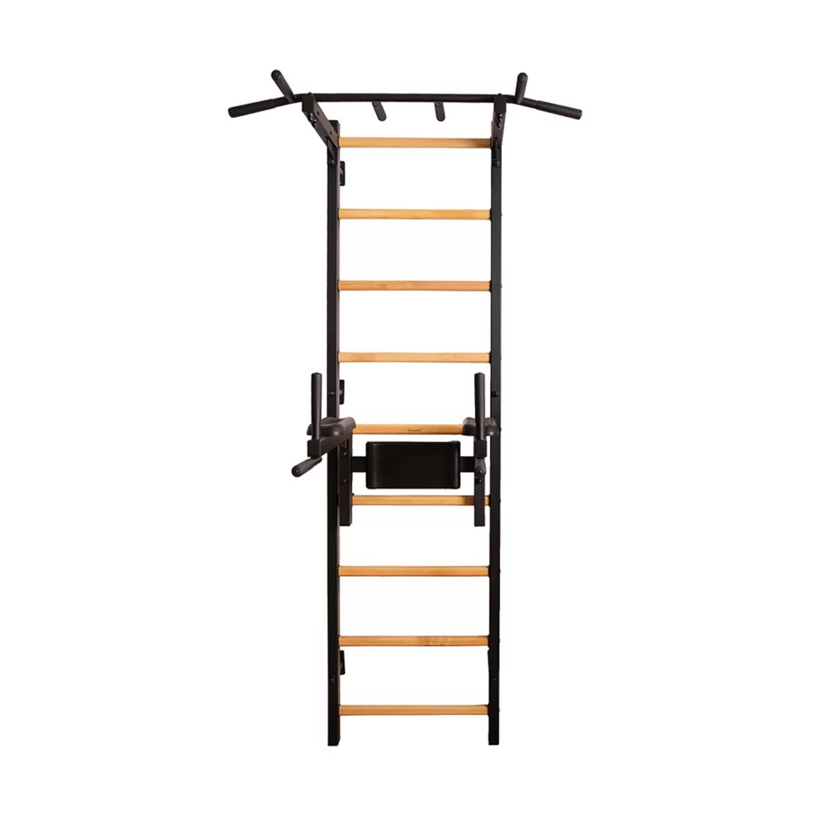 Front view of BenchK 722 Wall Bars and Gymnastic Ladders black version with pull-up bar and dip bar with back support and armrest. 