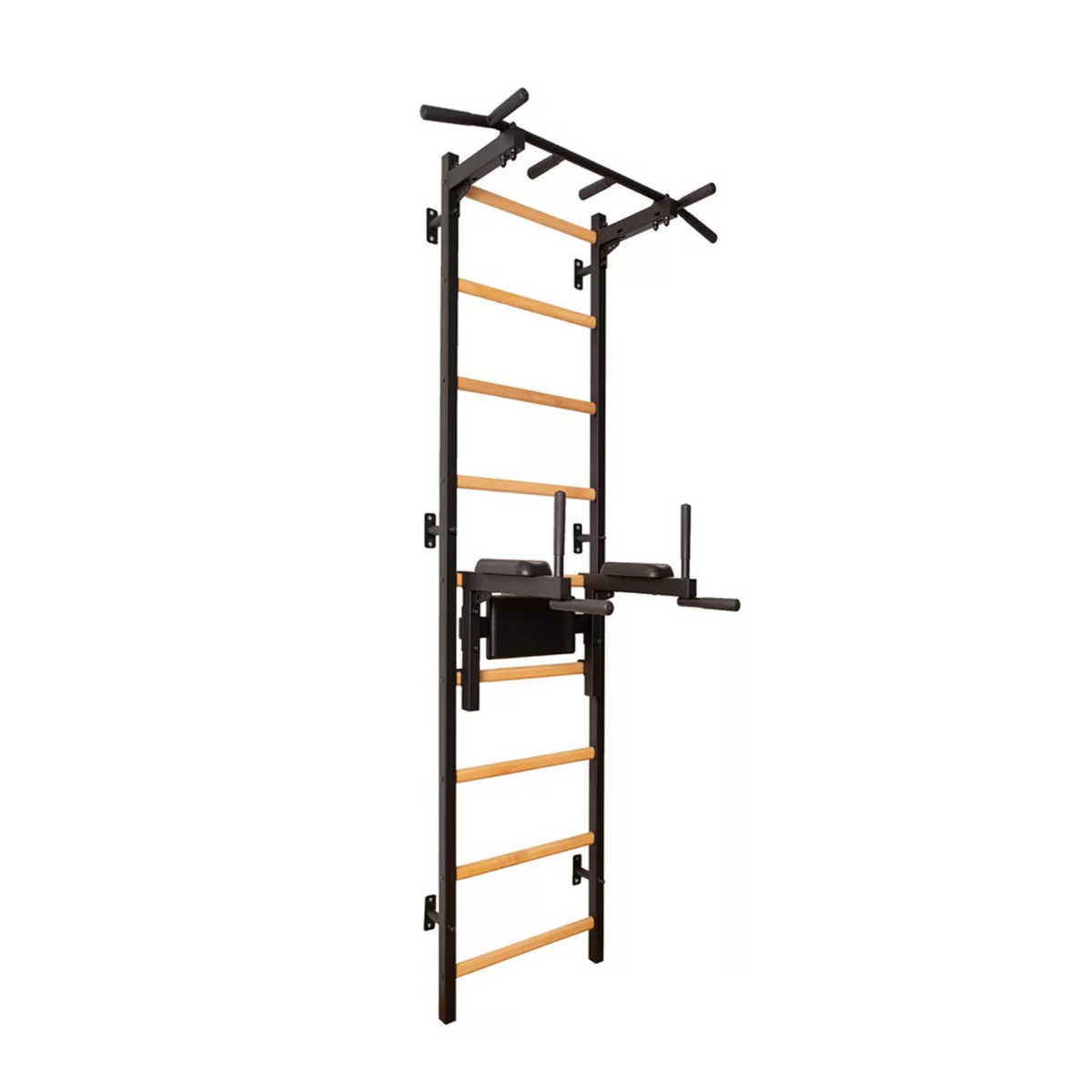 Main view of BenchK 722 Wall Bars and Gymnastic Ladders black version with pull-up bar and dip bar with back support and armrest. 