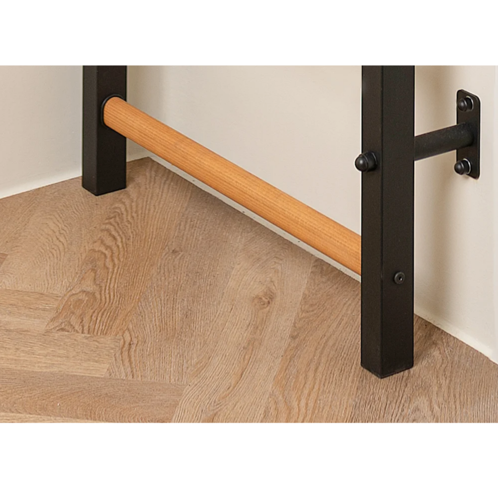 Wooden bars detailed view of BenchK 722 Wall Bars and Gymnastic Ladders black version.