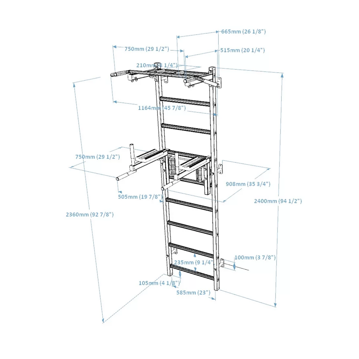 Dimensions of BenchK 722 Wall Bars and Gymnastic Ladders white version.