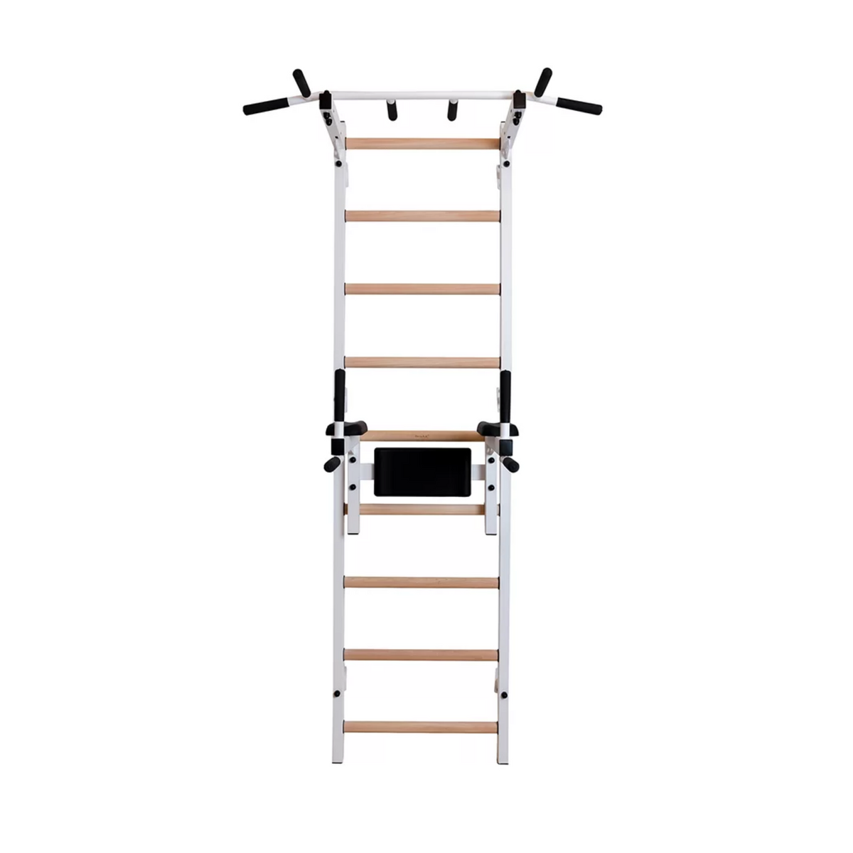 Front view of BenchK 722 Wall Bars and Gymnastic Ladders white version with pull-up bar and dip bar with back support and armrest.