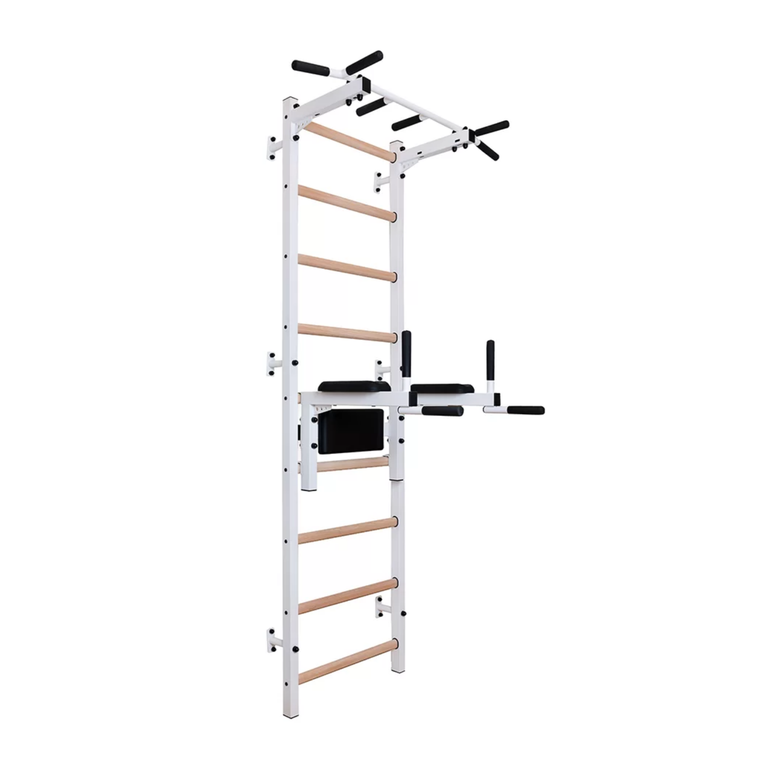 Main view of BenchK 722 Wall Bars and Gymnastic Ladders white version with pull-up bar and dip bar with back support and armrest.