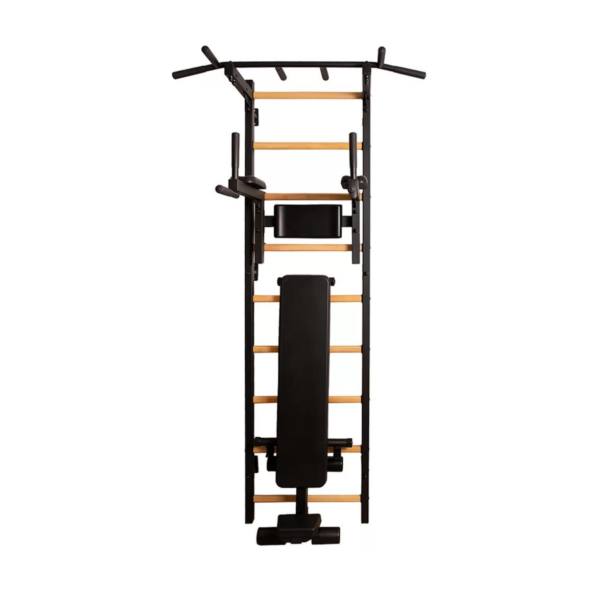 Front view of BenchK 723 Wall Bars and Gymnastic Ladders black version with pull-up bar, dip bar and workout bench.