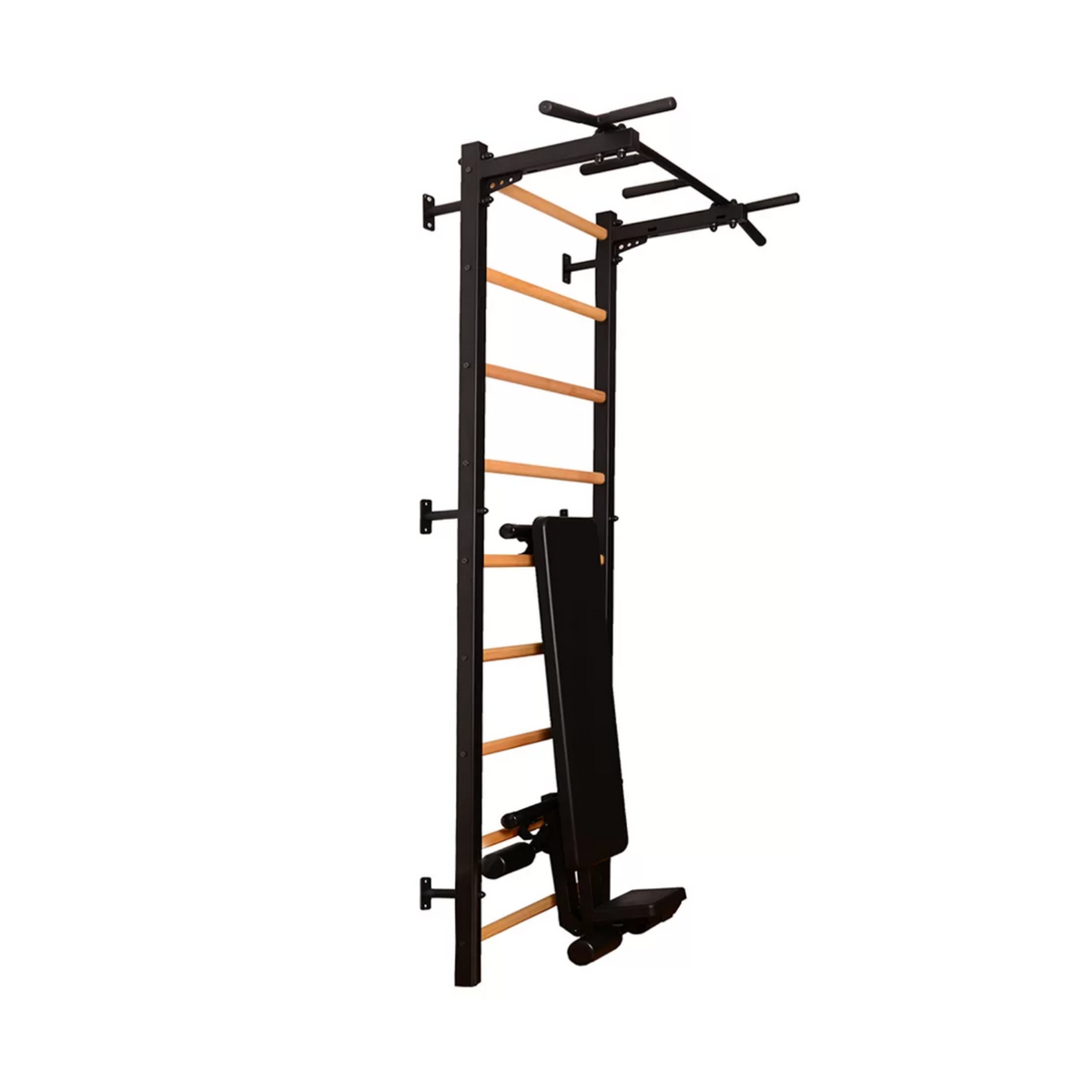 Main view of BenchK 723 Wall Bars and Gymnastic Ladders black version with pull-up bar, dip bar and workout bench.