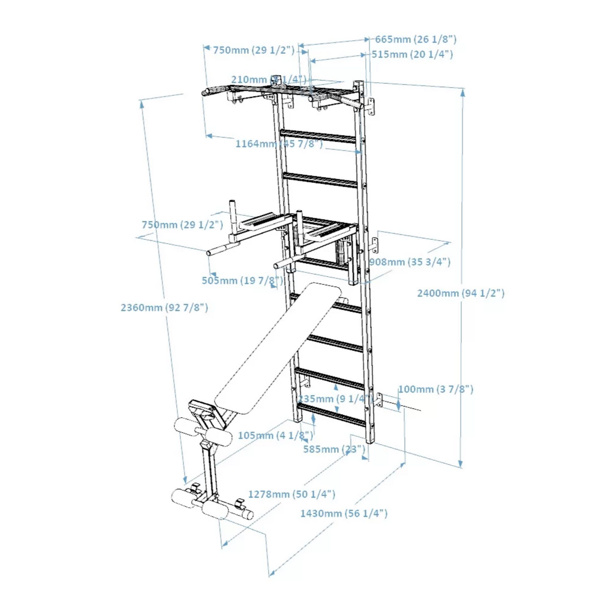 Dimensions of BenchK 723 Wall Bars and Gymnastic Ladders white version.