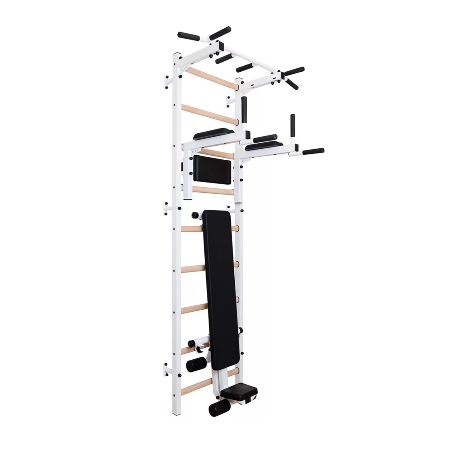 Main view of BenchK 723 Wall Bars and Gymnastic Ladders white version with pull-up bar, dip bar and workout bench. 