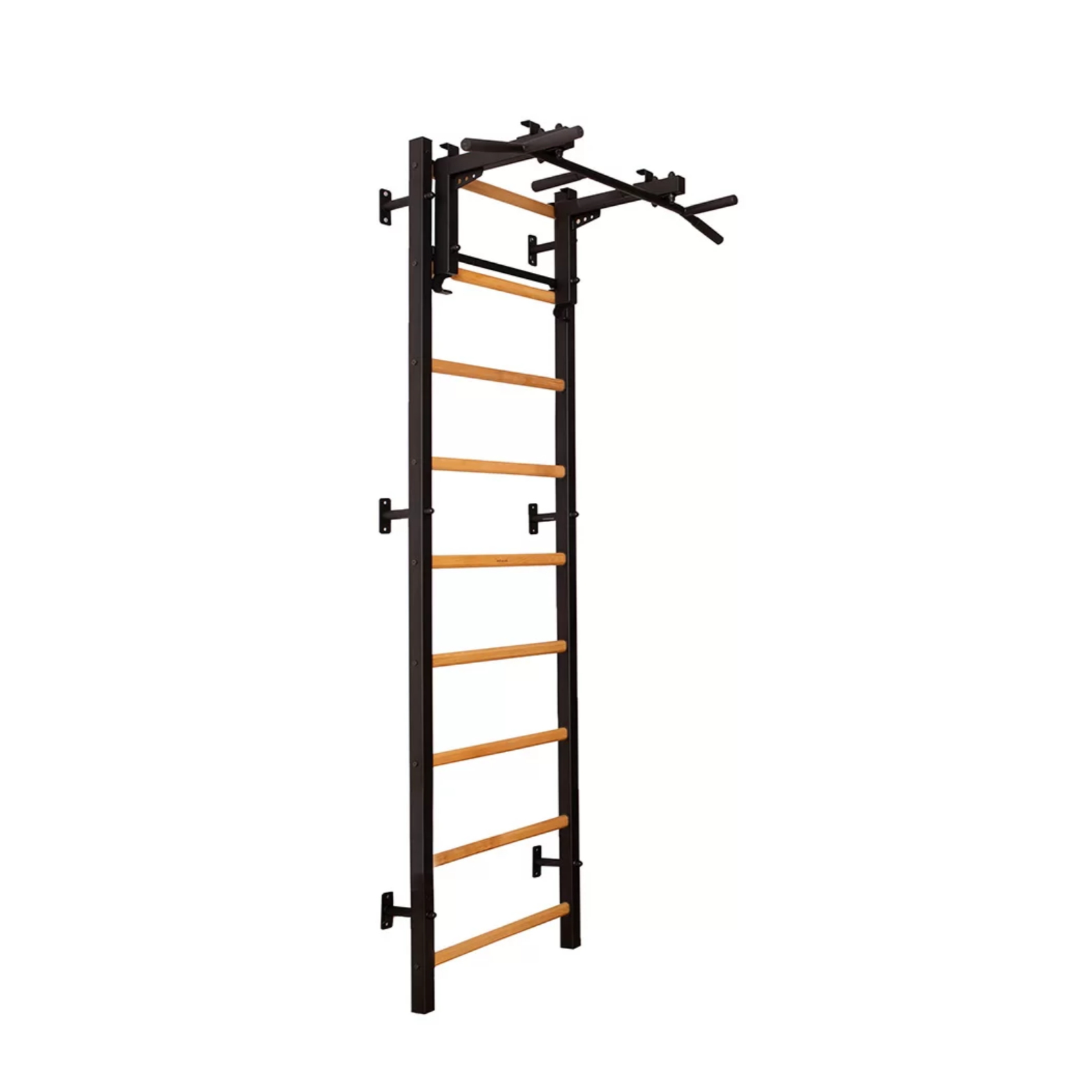 Main view of BenchK 731 Wall Bars and Gymnastic Ladders black version with pull-up bar and barbell holder. 