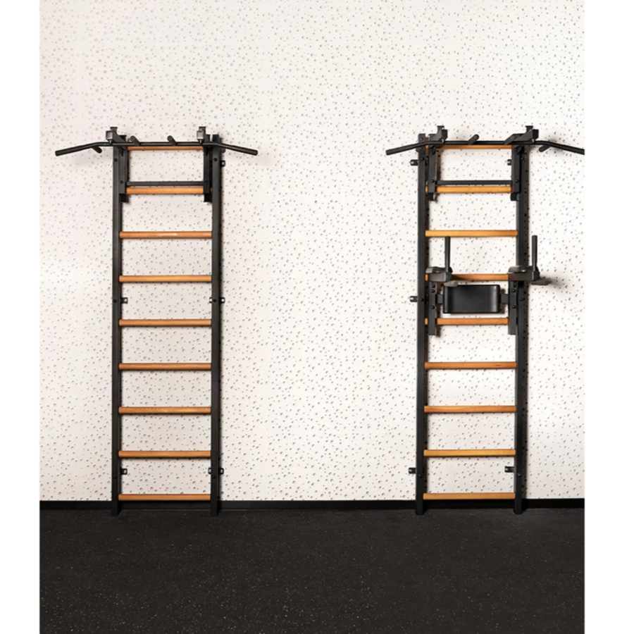 Set of two BenchK 731 Wall Bars and Gymnastic Ladders black version in a commercial gym.