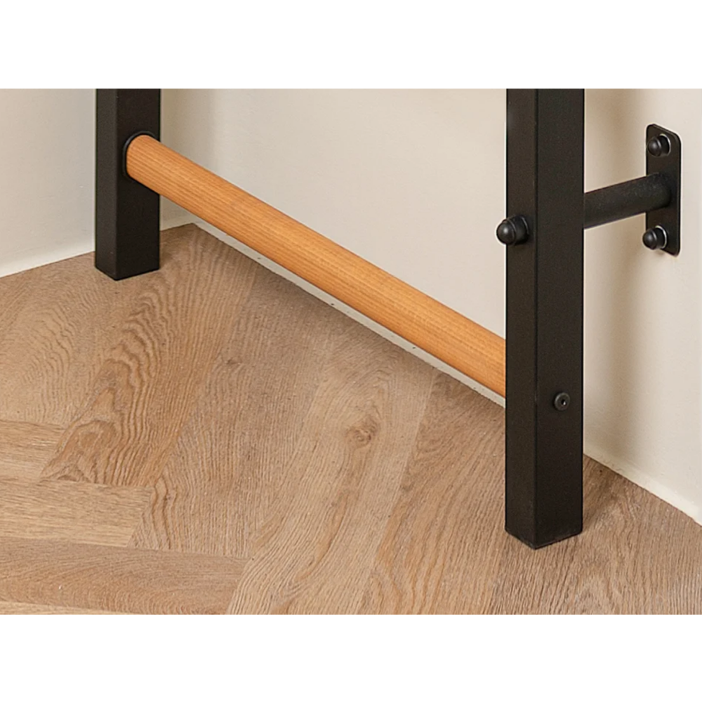 Wooden bars detailed view of BenchK 731 Wall Bars and Gymnastic Ladders black version.