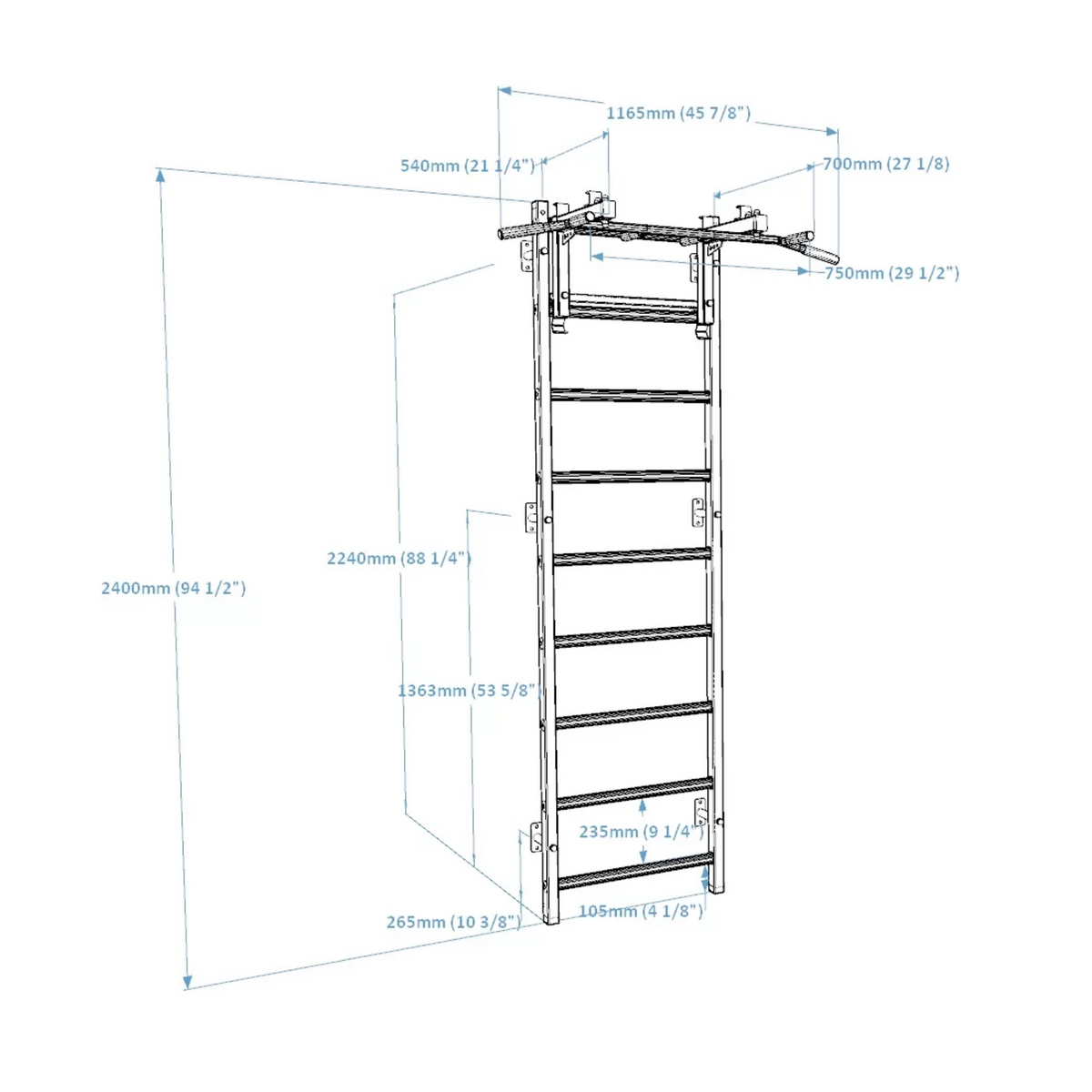 Dimensions of BenchK 731 Wall Bars and Gymnastic Ladders black version.