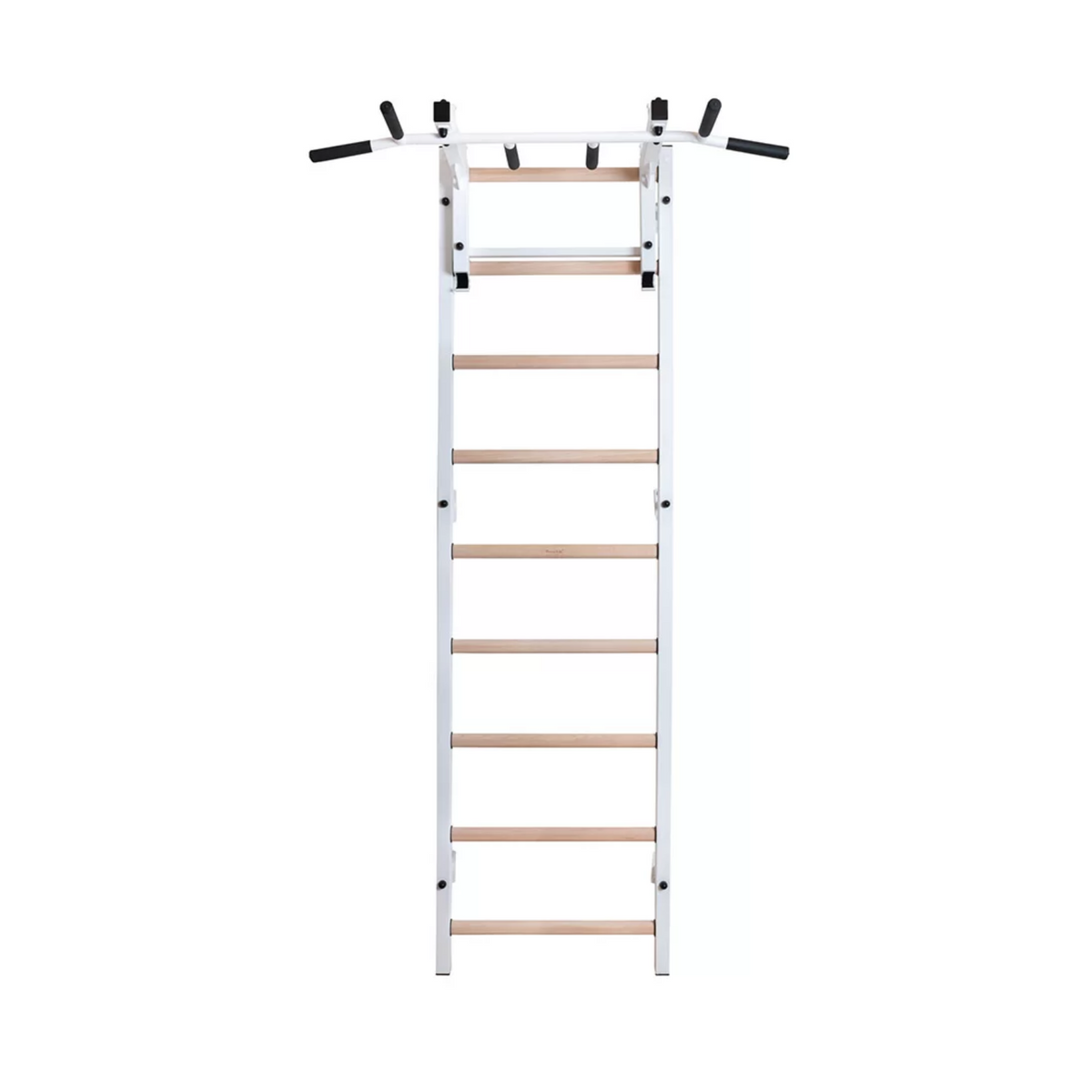 Front view of BenchK 731 Wall Bars and Gymnastic Ladders white version with pull-up bar and barbell holder.