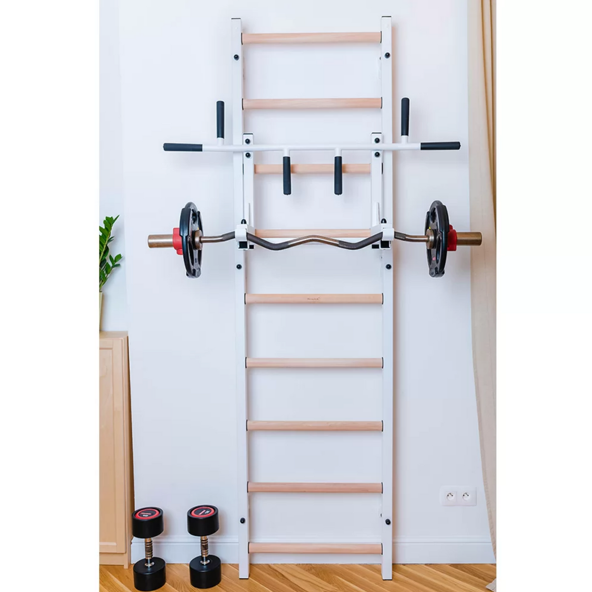 BenchK 731 Wall Bars and Gymnastic Ladders white version holding a barbell.