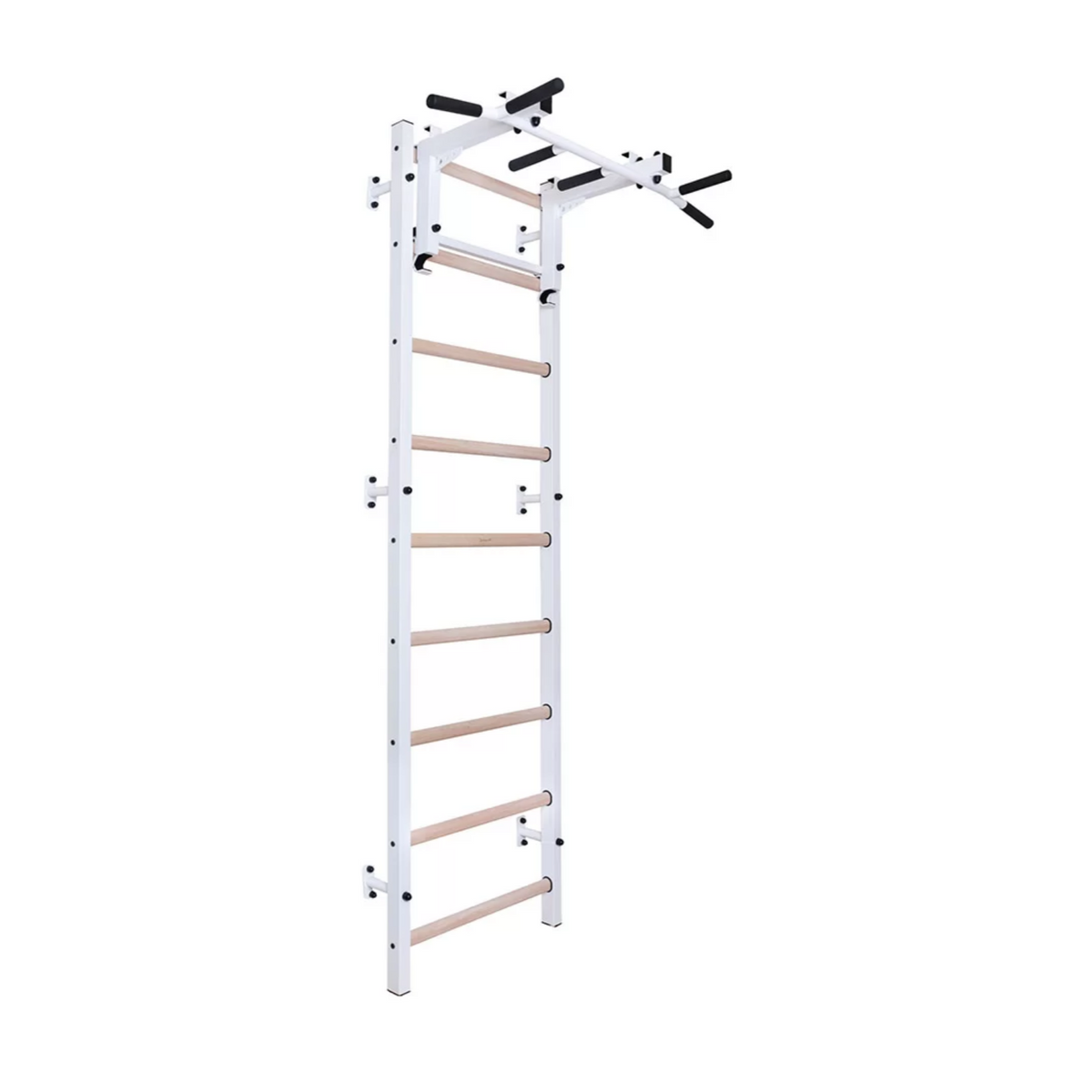 Main view of BenchK 731 Wall Bars and Gymnastic Ladders white version with pull-up bar and barbell holder.