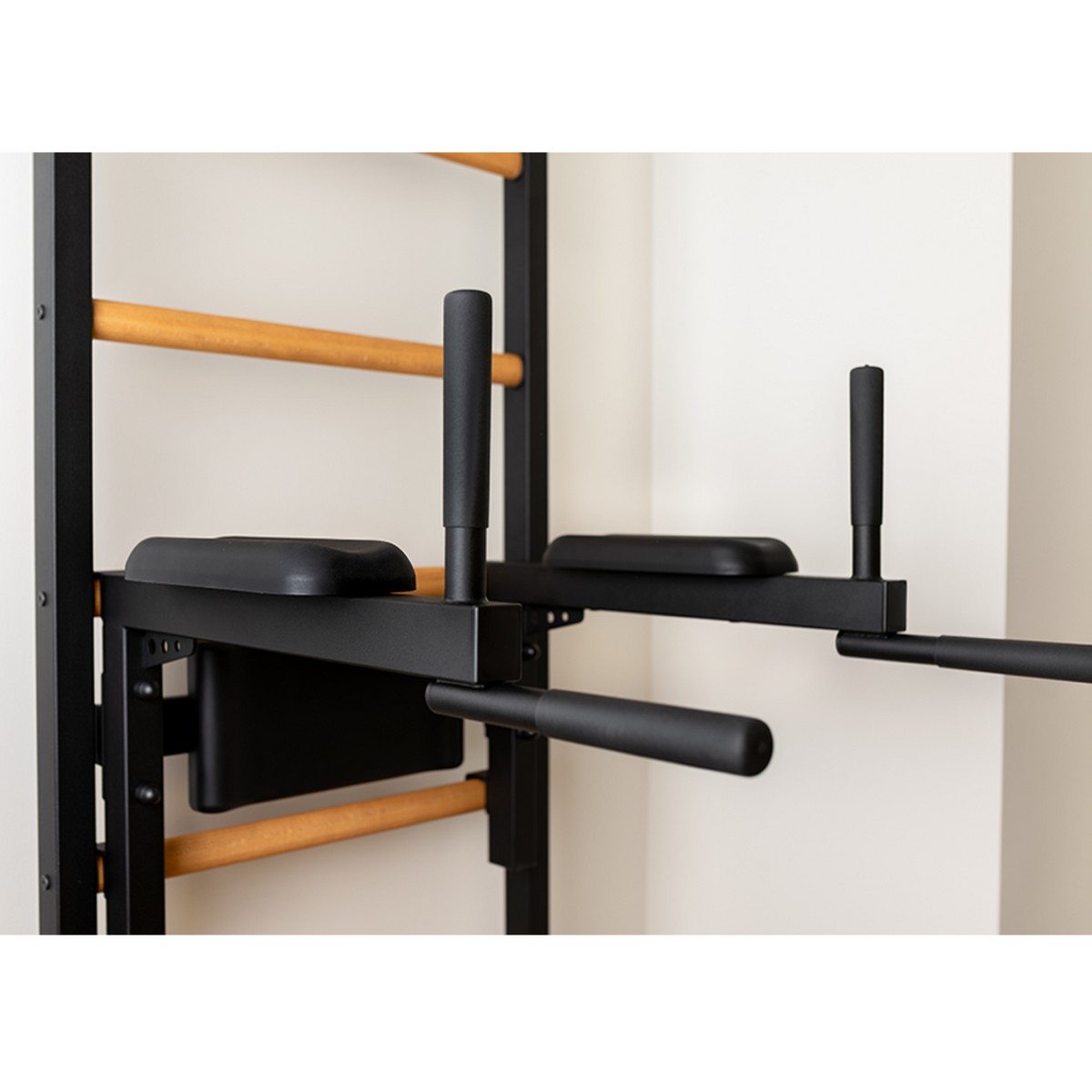 Dip bar with back support and armrest of BenchK 732 Wall Bars and Gymnastic Ladders black version.