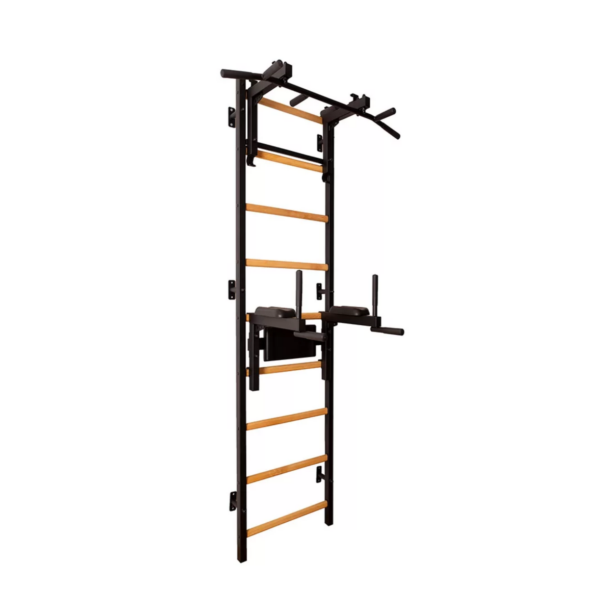 Main view of BenchK 732 Wall Bars and Gymnastic Ladders black version with pull-up bar and dip bar with back support and armrest.