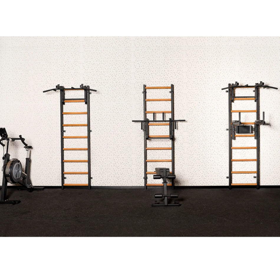 Set of three BenchK 732 Wall Bars and Gymnastic Ladders black version in a commercial gym.